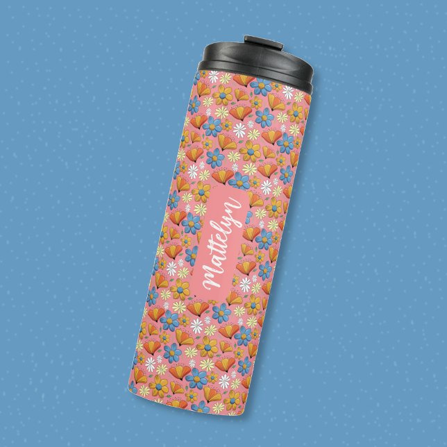Floral Pattern 16oz Thermal Tumbler with Name (Pretty floral pattern 16oz thermal tumbler with name . )