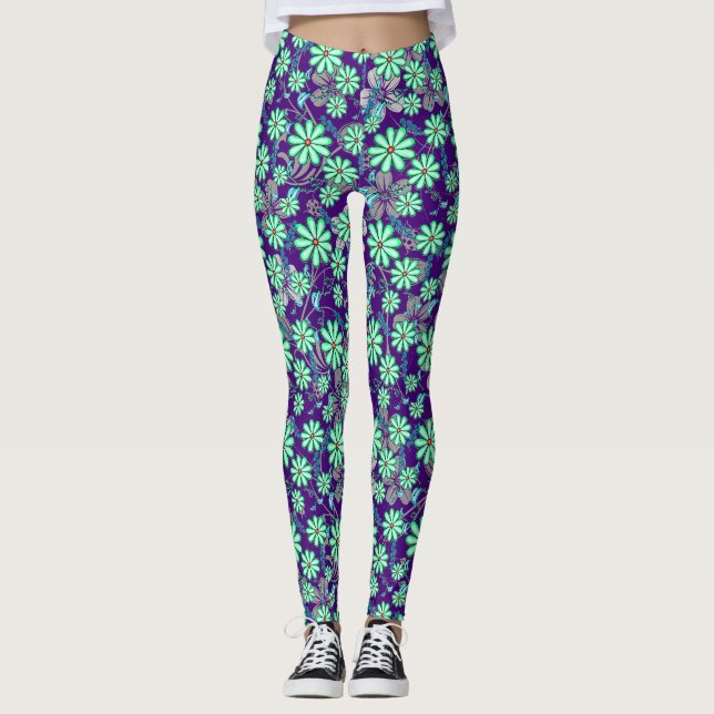 Floral pattern 17.b D Purple BG Leggings (Front)