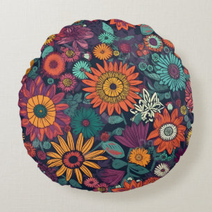 Floral Pattern, A Bouquet of Colorful Flowers Round Cushion