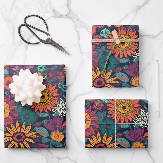 Floral Pattern, A Bouquet of Colourful Flowers Wrapping Paper Sheet (Front)