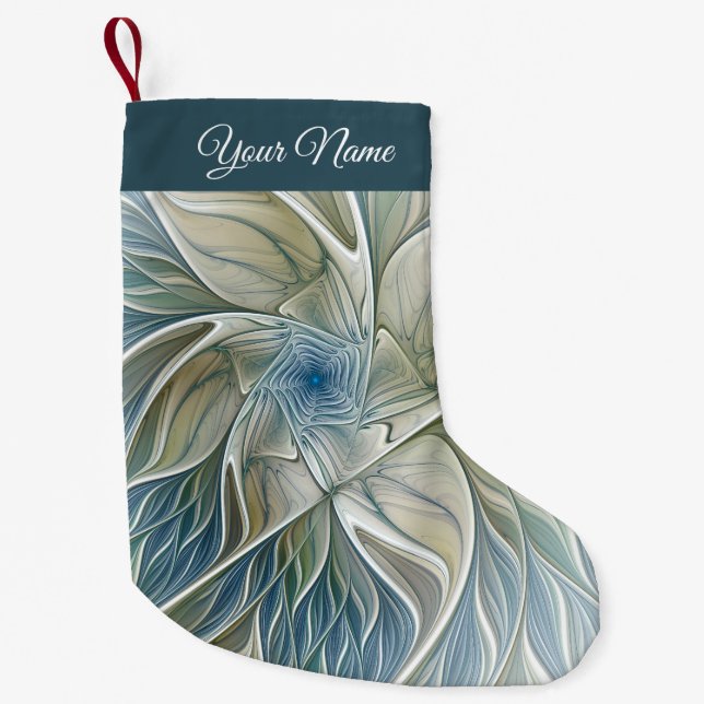 Floral Pattern Abstract Blue Khaki Fractal Name Small Christmas Stocking (Front)