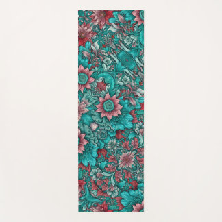 Floral Pattern, Aqua, Teal, Turquoise and Gray Yoga Mat