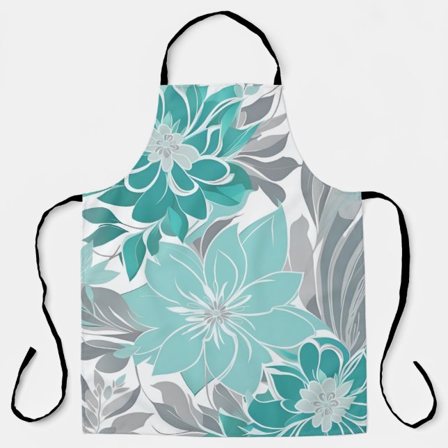 Floral Pattern, Aqua, Teal, Turquoise and Grey Apron (Front)