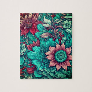 Floral Pattern, Aqua, Teal, Turquoise and Grey Jigsaw Puzzle