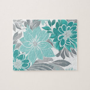 Floral Pattern, Aqua, Teal, Turquoise and Grey Jigsaw Puzzle