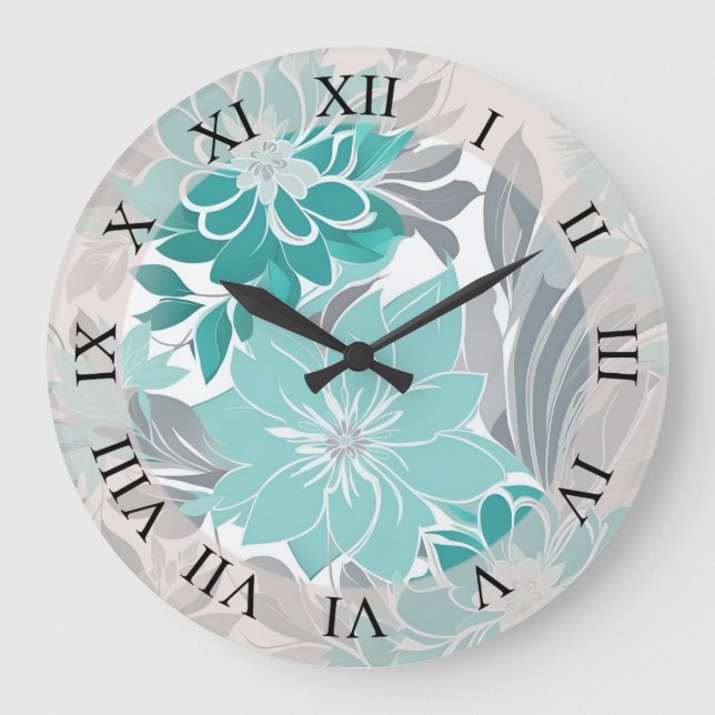 Floral Pattern, Aqua, Teal, Turquoise and Grey Large Clock (Front)