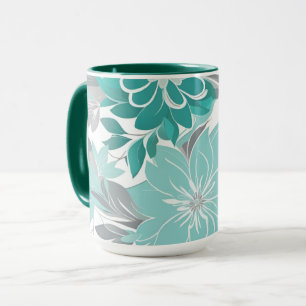 Floral Pattern, Aqua, Teal, Turquoise and Grey Mug