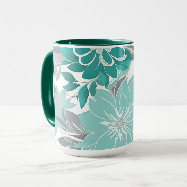 Floral Pattern, Aqua, Teal, Turquoise and Grey Mug (Front Left)