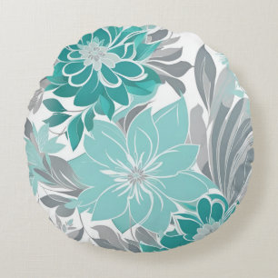 Floral Pattern, Aqua, Teal, Turquoise and Grey Round Cushion
