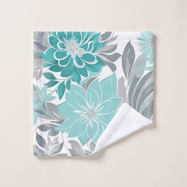 Floral Pattern, Aqua, Teal, Turquoise and Grey sea Bath Towel Set (Wash Cloth)