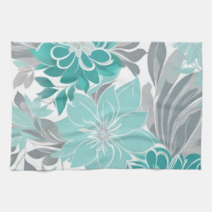 Floral Pattern, Aqua, Teal, Turquoise and Grey Tea Towel