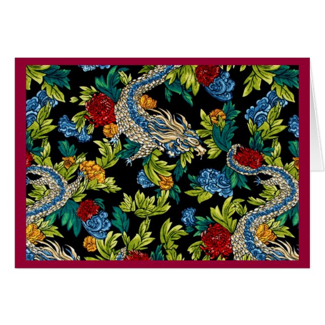 Floral Pattern Asian Dragon Note Card (Front Horizontal)