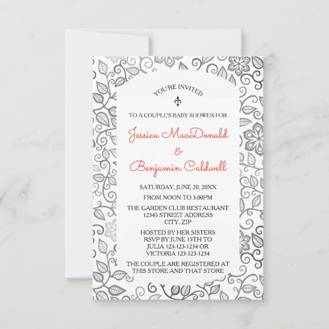 Floral Pattern B&W-3x5 Couple's Baby Shower Invite (Front)