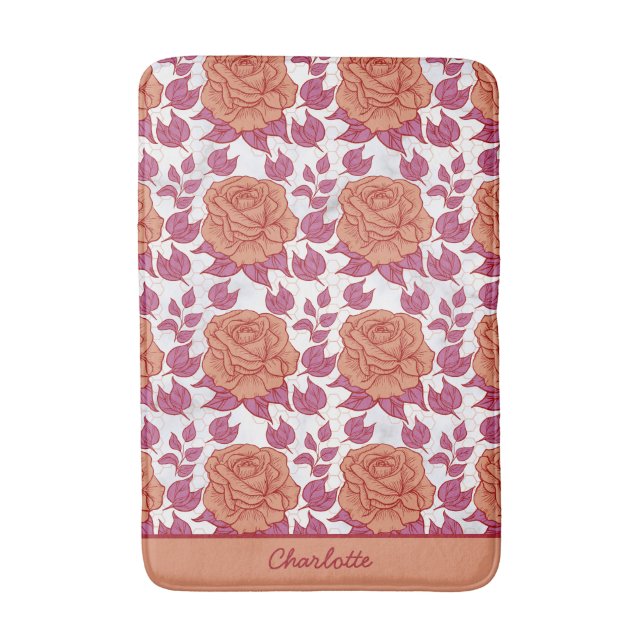 Floral pattern big blossom with personalised name bath mat (Front Vertical)