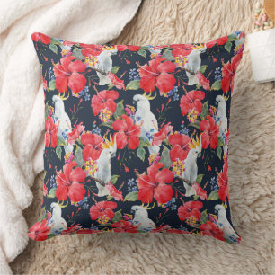 Floral Pattern Birds Flowers Foliage Red Hibiscus  Cushion