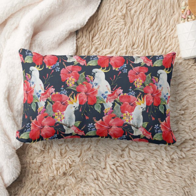 Floral Pattern Birds Flowers Foliage Red Hibiscus  Lumbar Cushion (Blanket)