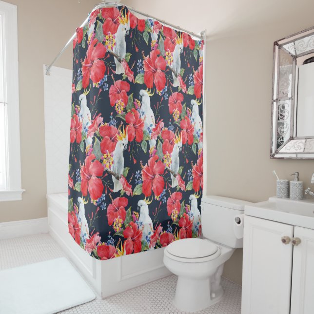 Floral Pattern Birds Flowers Foliage Red Hibiscus  Shower Curtain (In Situ)