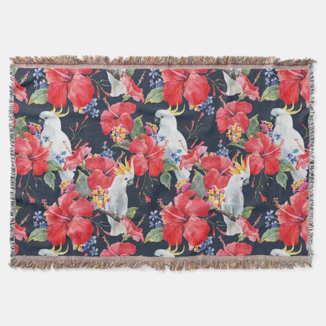 Floral Pattern Birds Flowers Foliage Red Hibiscus  Throw Blanket (Front)