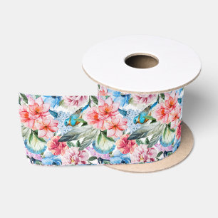 Floral Pattern Birds Foliage Flowers Green Blue Satin Ribbon