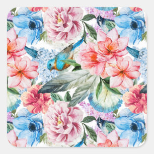 Floral Pattern Birds Foliage Flowers Green Blue    Square Sticker