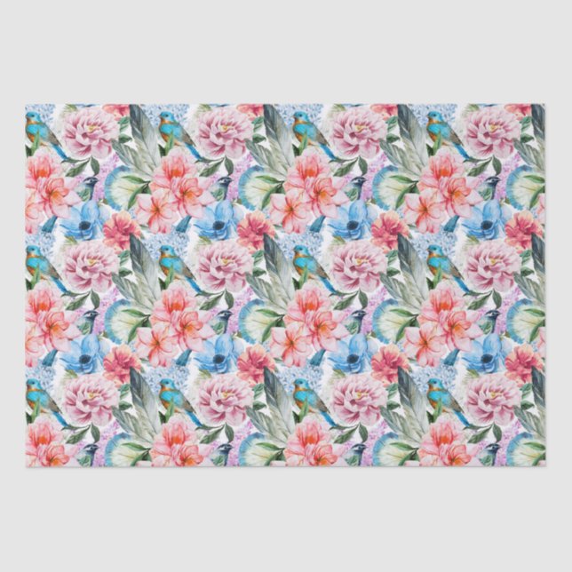 Floral Pattern Birds Foliage Flowers Green Blue  Tissue Paper (Front)
