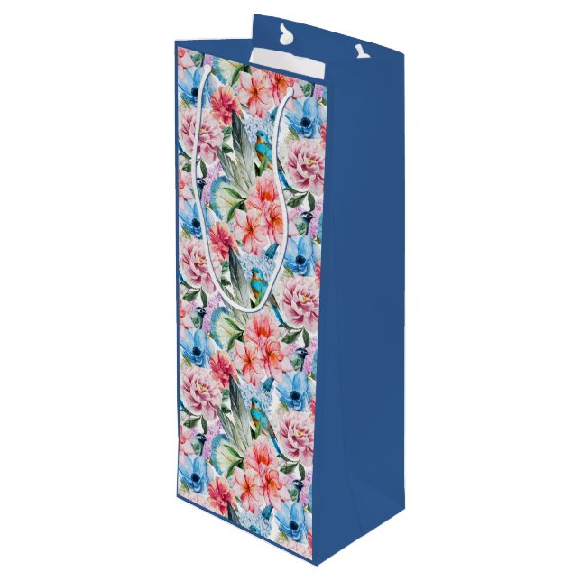 Floral Pattern Birds Foliage Flowers Green Blue Wine Gift Bag (Back Angled)
