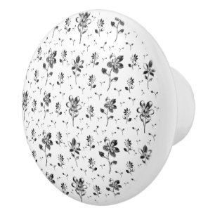Floral Pattern Black And White Flowers Ceramic Knob