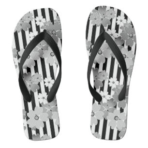 Floral pattern black and white retro striped flip flops