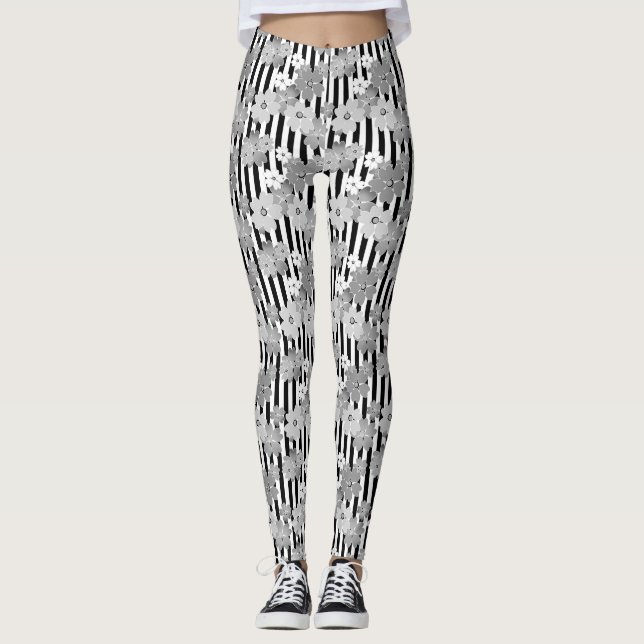 Floral pattern black and white retro striped leggings (Front)