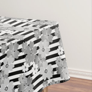 Floral pattern black and white retro striped tablecloth