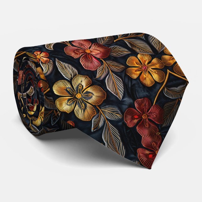  Floral Pattern Black Bold Fall Flowers Tie (Rolled)
