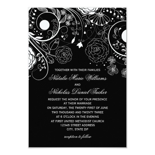 Floral Pattern Black/White - 3x5Wedding Invitation