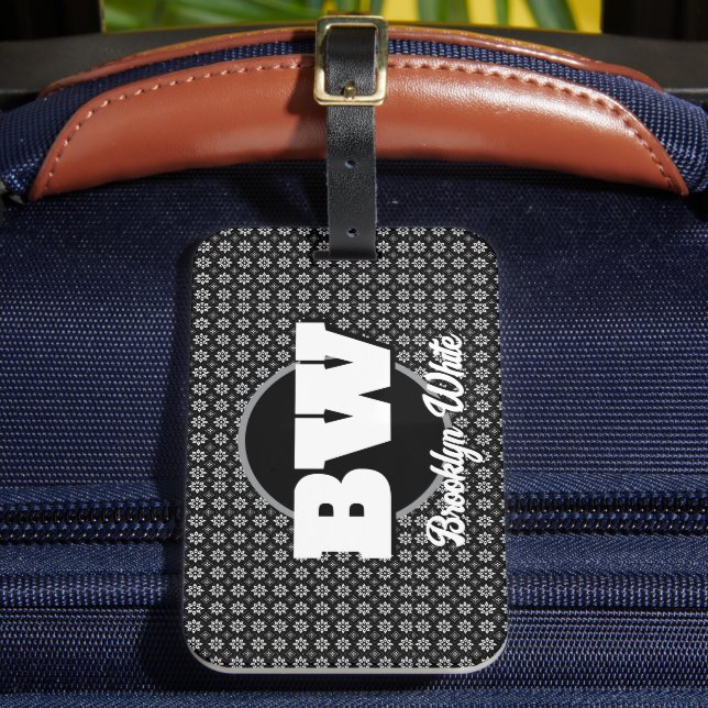 Floral Pattern Black&White Personalised  Luggage Tag (Front Insitu 2)