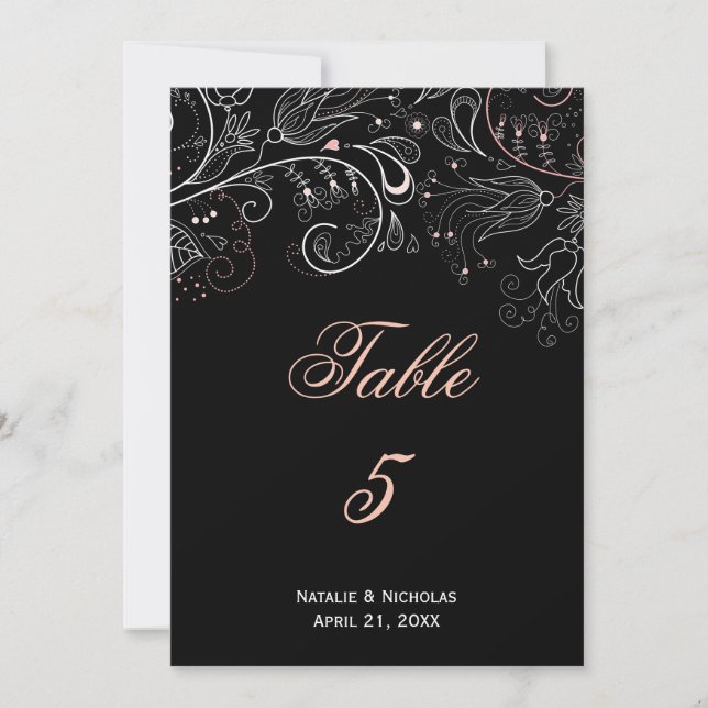 Floral Pattern Black/White Tulip - Table Number (Front)