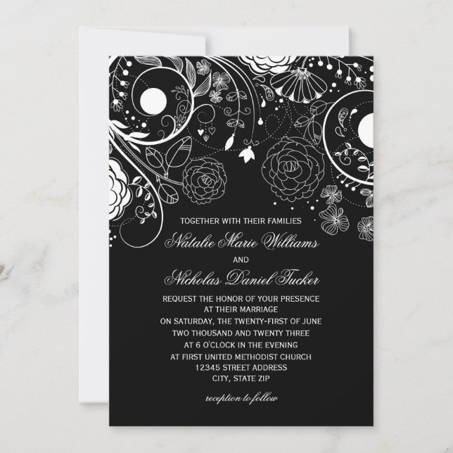 Floral Pattern Black/White - Wedding Invitation (Front)