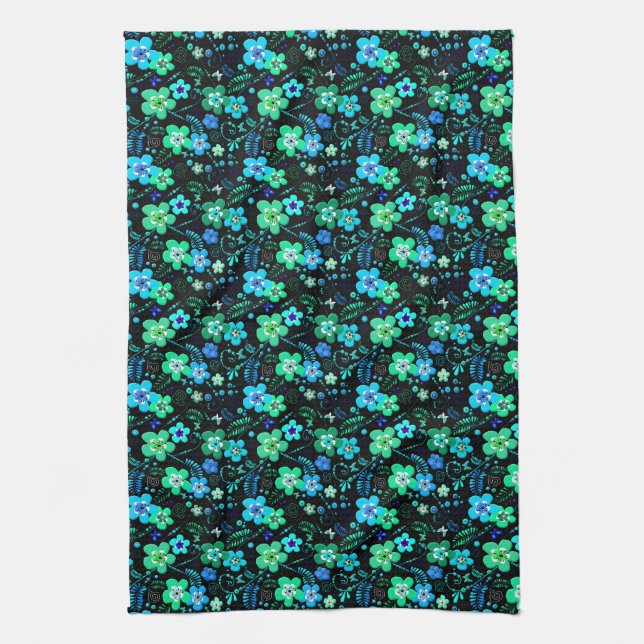 Floral pattern blue and teal tea towel (Vertical)