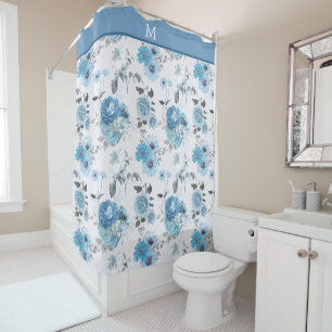 Floral Pattern Blue Border Monogram Shower Curtain