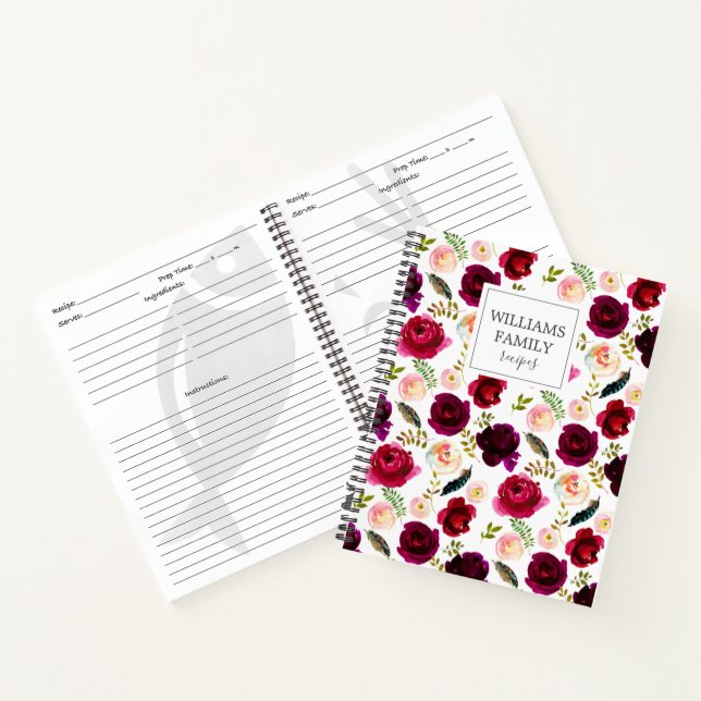 Floral Pattern Burgundy Custom Family Recipe Notebook (Inside)