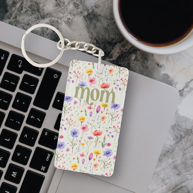 Floral Pattern Colourful Wildflower Soft Green Mum Key Ring (Mom keychain from my Mother's Day Wildflower Collection)