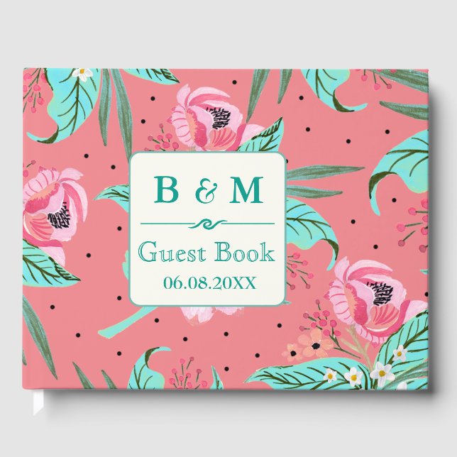 Floral Pattern - Coral Pink Personalised Guestbook (Front)