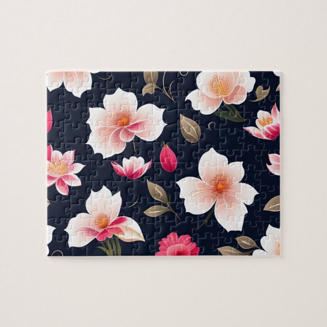 Floral Pattern Cute White and Pink Flowers Jigsaw Puzzle (Horizontal)