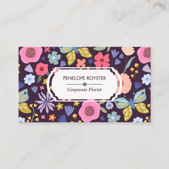 Floral Pattern Dark Plum & Mauve Business Card (Front)