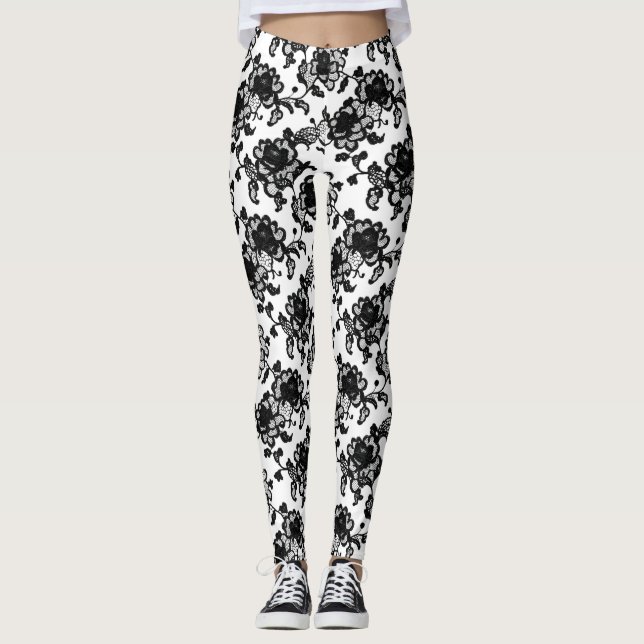Floral Pattern Delicate Black Lace Leggings (Front)