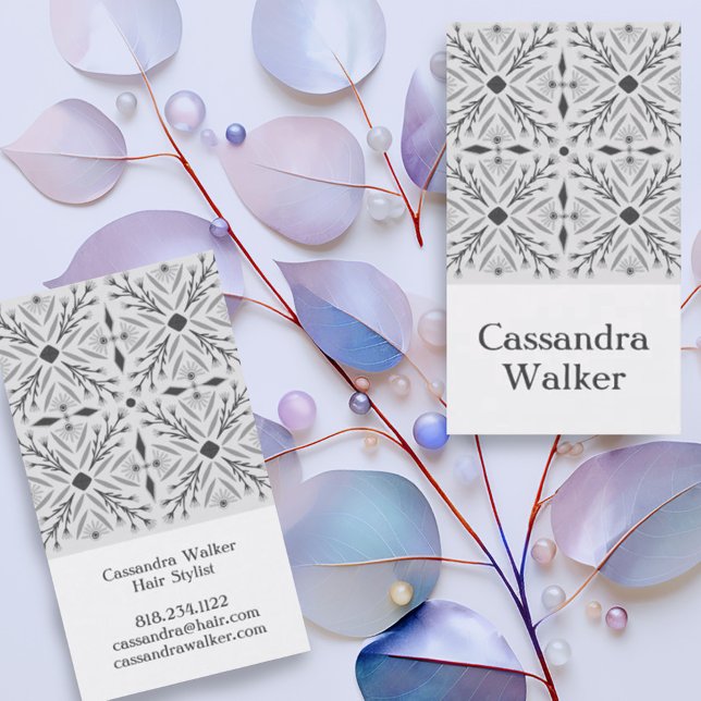 Floral Pattern Dolores Tiles Grey Business Card (Pretty hand made tile pattern in gray on these custom business cards for an elegant look)