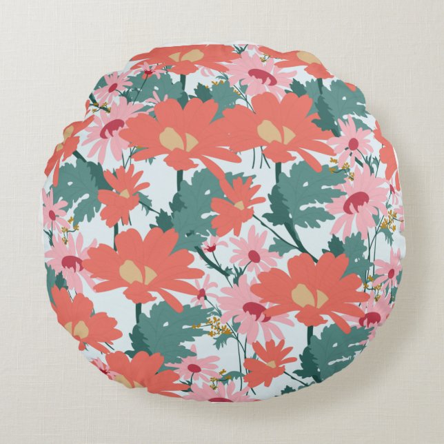 Floral Pattern Drawing Elegant Decorative Flowers Round Cushion (Front)