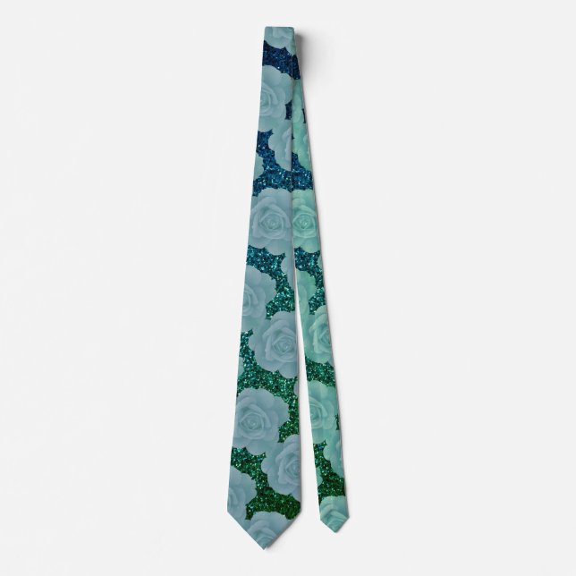 Floral Pattern Dusty Blue Green Glitter Gift Favor Tie (Front)