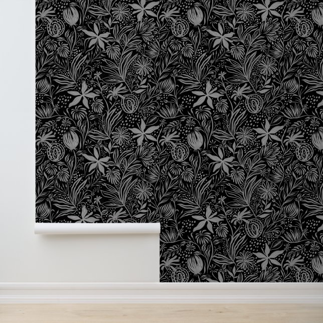 Floral Pattern Elegant Black Silver Watercolor Wallpaper (Application)