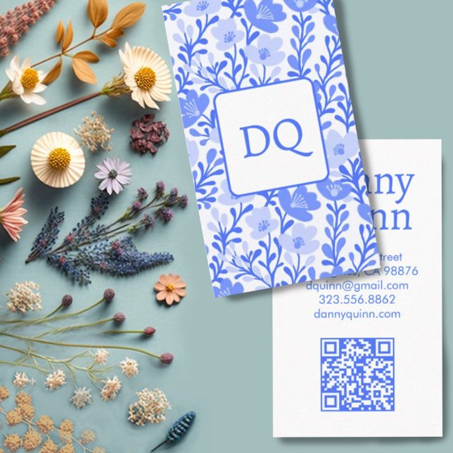 Floral Pattern Elegant Botanical Blue White Business Card (Blue floral pattern custom business card with QR code)