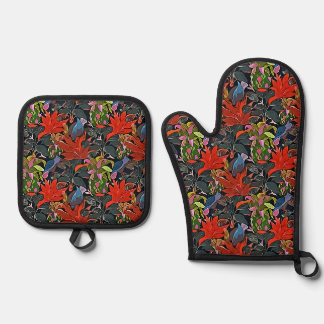 Floral Pattern Flowers Foliage Red Pink Green Blue Oven Mitt & Pot Holder Set (Front)