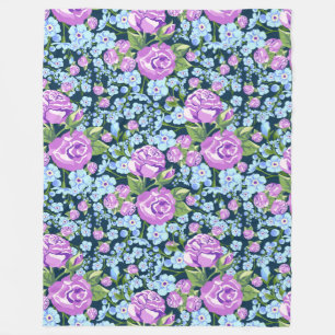 Floral Pattern Flowers in Full Bloom Blue Purple Fleece Blanket